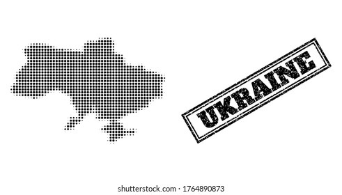 Halftone Karte der Ukraine, und gekratzt Stempel. Halftone Karte der Ukraine, konstruiert mit kleinen schwarzen Kreiselementen. Vektordichtung mit gekratztem Stil, doppelgerahmtes Rechteck, in schwarzer Farbe.
