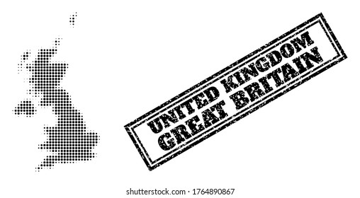 Halftone map of United Kingdom, and unclean watermark. Halftone map of United Kingdom constructed with small black spheric points. Vector watermark with scratched style, double framed rectangle,