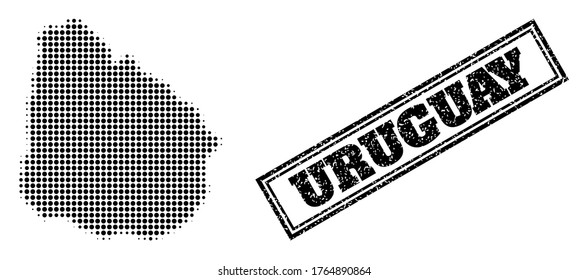 Halftone Karte von Uruguay, und schmutziges Wasserzeichen. Halftone Karte von Uruguay mit kleinen schwarzen runden Elementen. Vektor Wasserzeichen mit Retro-Stil, doppelgerahmtes Rechteck, in schwarzer Farbe.