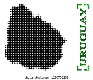 Halftone map of Uruguay and rubber caption. Vector green title with corners and scratched rubber texture. Halftone map of Uruguay constructed with black pattern of circles.