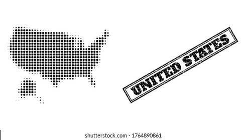 Mapa de semitono de Estados Unidos y Alaska, y marca de agua texturada. Mapa de semitono de EEUU y Alaska construido con pequeños puntos redondos negros. Marca de agua vectorial con estilo rayado, rectángulo doble enmarcado,