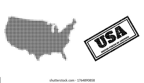 Halftone map of USA, and dirty watermark. Halftone map of USA generated with small black spheric elements. Vector watermark with retro style, double framed rectangle, in black color.