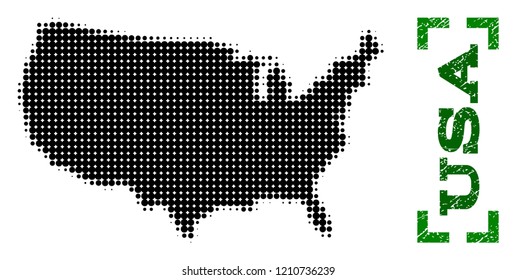 Halftone map of USA and unclean caption. Vector green title with corners and unclean rubber texture. Halftone map of USA designed with black pattern of circles.