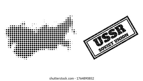 Mapa de semitono de la URSS y sello de sello de sello de borrón. Mapa de semitono de la URSS construido con pequeños elementos redondos negros. Impresión vectorial con estilo grunge, rectángulo doble enmarcado, en color negro.