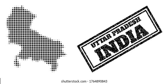 Mapa de semitono del estado de Uttar Pradesh y sello de goma. Mapa de semitono del estado de Uttar Pradesh generado con pequeños puntos redondos negros. Sello vectorial con estilo de grunge, rectángulo doble enmarcado,