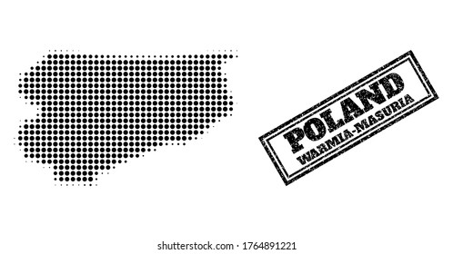 Halftone map of Warmia-Masuria Province, and rubber watermark. Halftone map of Warmia-Masuria Province generated with small black circle items. Vector watermark with distress style,