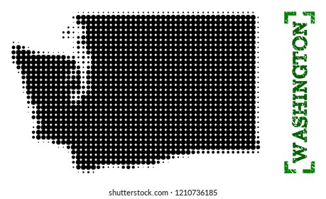 Halftone map of Washington State and rubber caption. Vector green title with corners and distress rubber texture. Halftone map of Washington State designed with black pattern of circles.