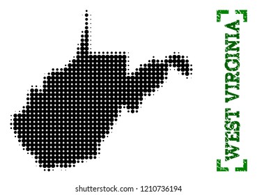 Halftone map of West Virginia State and grunge caption. Vector green title with corners and grunge rubber texture. Halftone map of West Virginia State designed with black pattern of circles.