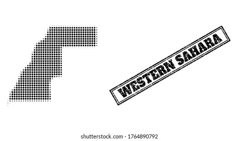 Halftone map of Western Sahara, and unclean seal. Halftone map of Western Sahara constructed with small black spheric pixels. Vector seal with unclean style, double framed rectangle, in black color.