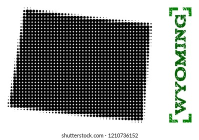 Halftone map of Wyoming State and scratched caption. Vector green title with corners and scratched rubber texture. Halftone map of Wyoming State constructed with black pattern of circles.