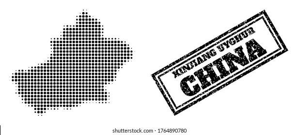 Halftone map of Xinjiang Uyghur Region, and dirty watermark. Halftone map of Xinjiang Uyghur Region generated with small black round points. Vector watermark with distress style,