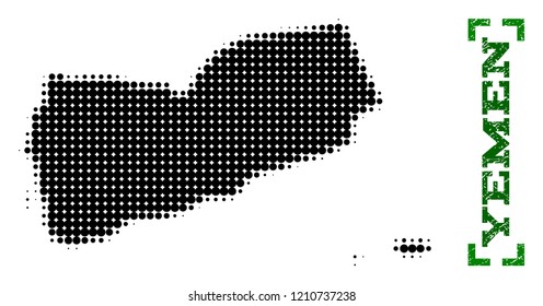 Halftone map of Yemen and rubber caption. Vector green title with corners and retro rubber texture. Halftone map of Yemen constructed with black pattern of circles. Flat design for patriotic posters.