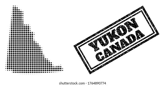 Halftone map of Yukon Province, and grunge seal. Halftone map of Yukon Province constructed with small black round dots. Vector seal with corroded style, double framed rectangle, in black color.