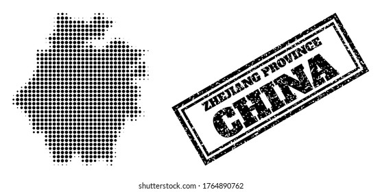 Halftone map of Zhejiang Province, and dirty seal stamp. Halftone map of Zhejiang Province designed with small black round dots. Vector seal with corroded style, double framed rectangle,