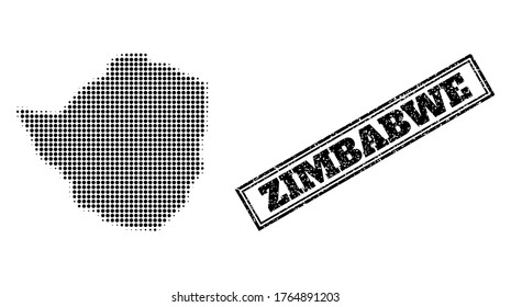 Halftone Karte von Simbabwe, und unklare Wasserzeichen. Halftone Karte von Simbabwe entworfen mit kleinen schwarzen Kugelpunkten. Vektorgrafik mit unscharfem Stil, doppelgerahmtes Rechteck, in schwarzer Farbe.