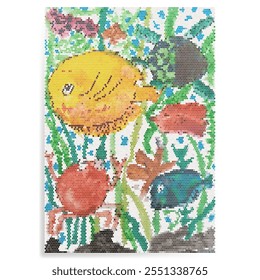 Halftone marine life illustration featuring doodle-style fishes and crabs in a vibrant undersea background.