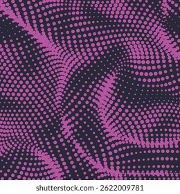 Halftone maroon background with flowing dots. Technology digital pattern with dynamic soft waves. Purple vinous gradients particle grid, abstract wave texture. Vector