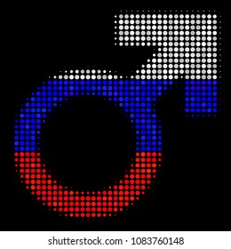 Halftone Mars Symbol pictogram colored in Russian official flag colors on a dark background. Vector collage of mars symbol icon composed with circle dots.
