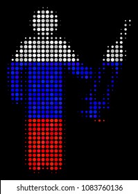 Halftone Medic pictogram colored in Russian state flag colors on a dark background. Vector composition of medic icon constructed from circle elements.