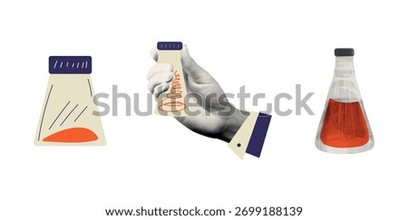 Halftone medical collage set. Human hand, dna for science, genetic lab, clinic, biotechnology. Contemporary isolated vector illustration on transparent background.