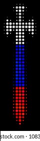 Halftone Medieval Sword pictogram colored in Russia official flag colors on a dark background. Vector composition of medieval sword icon formed with spheric elements.