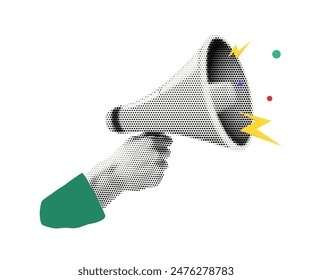 Halftone megaphone, loudspeaker in hand. Advertising speaker with lightning, collage in retro style.