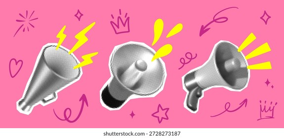 Conjunto de collage de arte Pop de megáfono de medio tono con flechas dibujadas a mano Crown Sparkles Swirls. Iconos y garabatos cortados en papel de altavoz en la bolsa rosa para el anuncio de marketing de redes sociales. Ilustración vectorial