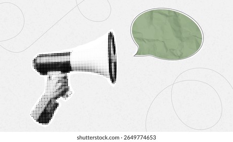 Ilustración vectorial del megáfono del semitono con la burbuja del discurso, estilo punteado retro, blanco y negro