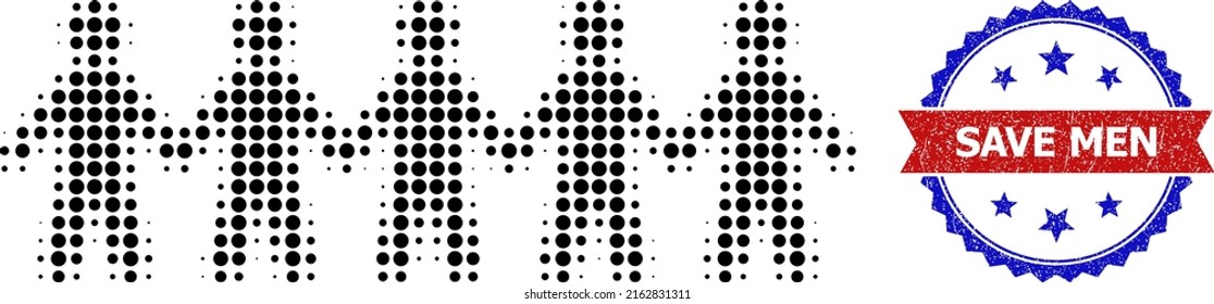 Icono colectivo de los hombres de semitono, y sello bicolor de Save Men. El icono colectivo de los hombres de semitono está diseñado con pequeños elementos de círculo. Sello vectorial con un estilo bicolor corroído,