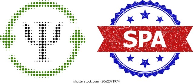 Halftone mental recovery icon, and bicolor grunge Spa seal stamp. Halftone mental recovery icon is designed with small round dots. Vector imprint with grunge bicolored style,