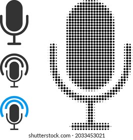 Halftone microphone. Dotted microphone made with small round items. Vector illustration of microphone icon on a white background. Halftone pattern contains round pixels.