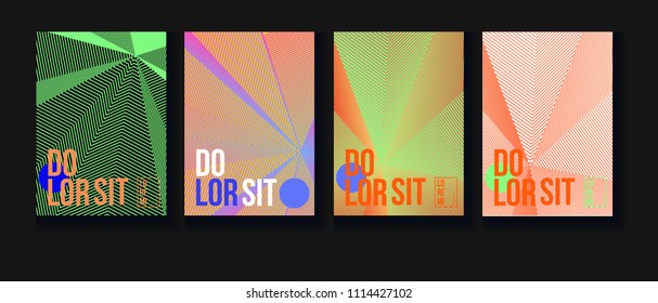 Halftone Minimal Covers Set. High-tech Corporate Identity. Futuristic Posters, Geometric Business Backgrounds. Trendy Neon Halftone Covers Set. Neon Colored Iridescent Print Design.