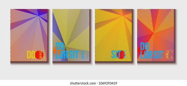 Halftone Minimal Covers Set. Trendy Blend Lines Corporate Identity. Futuristic Abstract Geometric Business Backgrounds. Trendy Neon Halftone Covers Set. Vector Iridescent Science Poster Design.