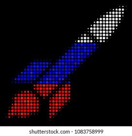 Halftone Missile Launch icon colored in Russia official flag colors on a dark background. Vector mosaic of missile launch icon made of circle dots.