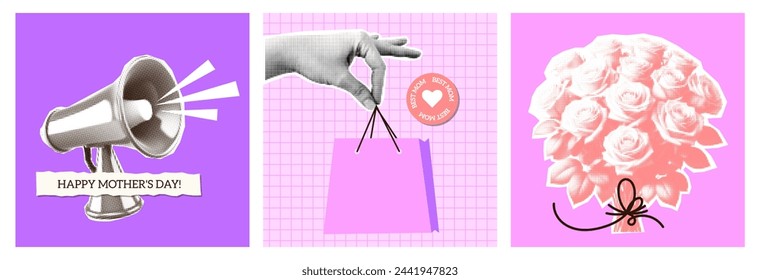 Halftone Modern art for Mother's Day set of posters. Bouquet of roses. Hand gives paper package. Trendy vintage Bullhorn. Banner cut out magazine style. Vector illustration
