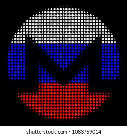 Halftone Monero Currency icon colored in Russian state flag colors on a dark background. Vector concept of monero currency icon designed with spheric items.