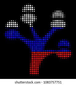 Halftone Money Tree icon colored in Russia state flag colors on a dark background. Vector composition of money tree icon created of round elements.