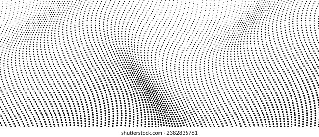 Halftone monochrome background with flowing dots. Abstract wave black and white texture. Vector illustration