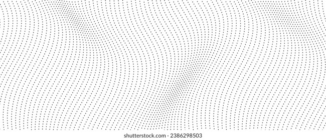 Halftone monochrome background with flowing dots. Abstract wave black and white texture. Vector illustration