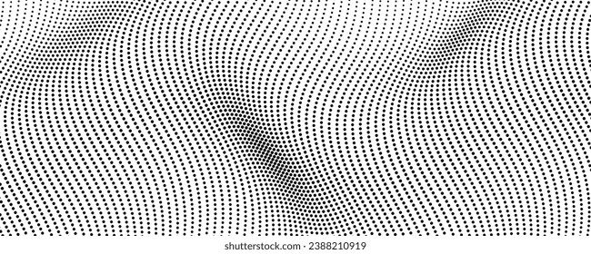 Halftone monochrome background with flowing dots. Abstract wave black and white texture. Vector illustration