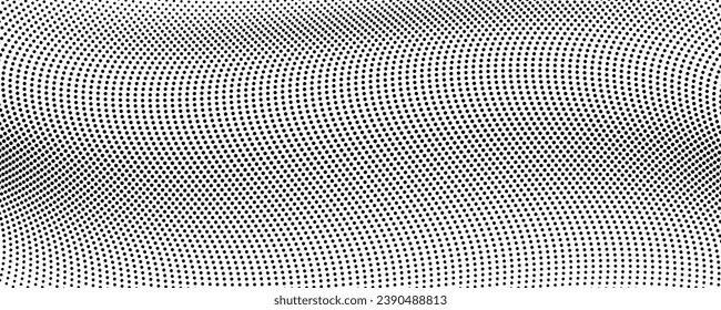 Halftone monochrome background with flowing dots. Abstract wave black and white texture. Vector illustration