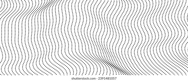 Halftone monochrome background with flowing dots. Abstract wave black and white texture. Vector illustration