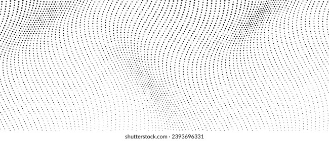 Halftone monochrome background with flowing dots. Abstract wave black and white texture. Vector illustration