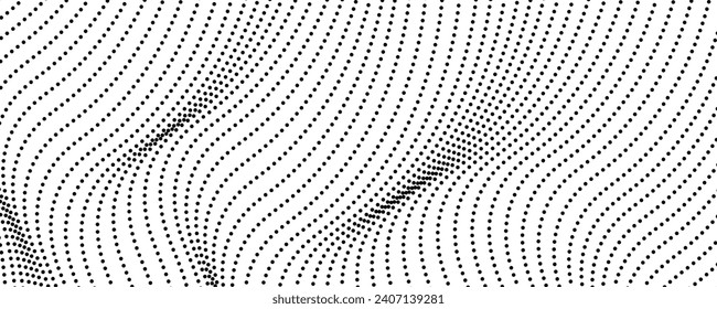 Halftone monochrome background with flowing dots. Abstract wave black and white texture. Vector illustration