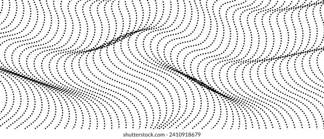 Halftone monochrome background with flowing dots. Abstract wave black and white texture. Vector illustration