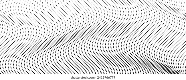 Halftone monochrome background with flowing dots. Abstract wave black and white texture. Vector illustration