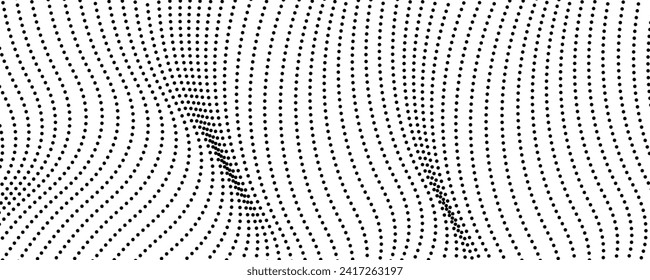 Halftone monochrome background with flowing dots. Abstract wave black and white texture. Vector illustration