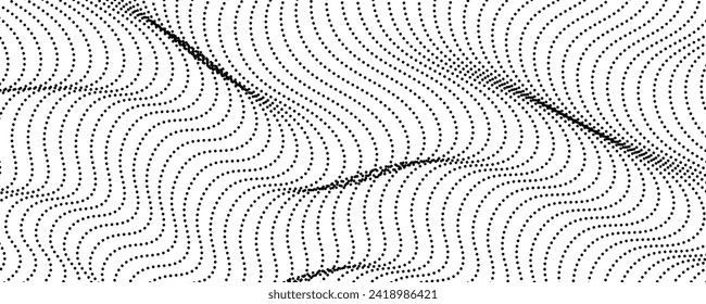 Halftone monochrome background with flowing dots. Abstract wave black and white texture. Vector illustration