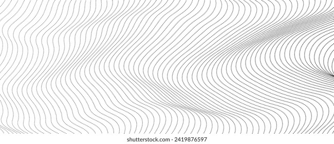 Halftone monochrome background with flowing dots. Abstract wave black and white texture. Vector illustration