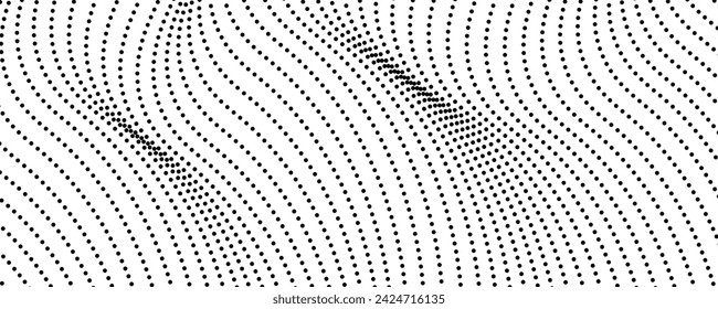 Halbtonfarbener einfarbiger Hintergrund mit fließenden Punkten. Abstrakte Welle Schwarz-Weiß-Textur. Vektorgrafik